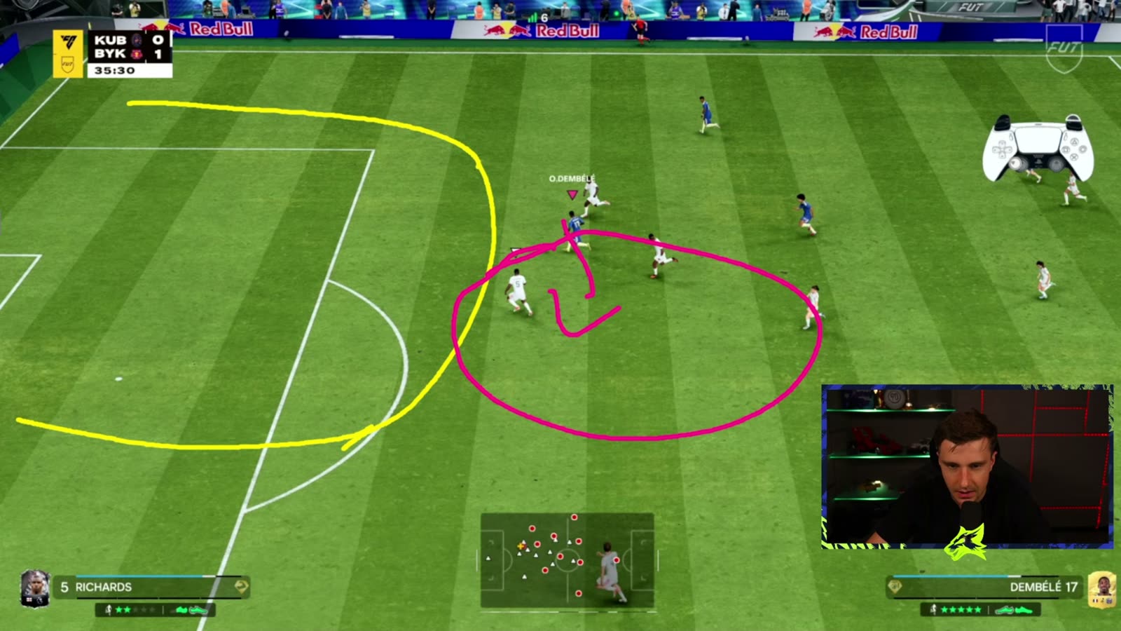 Sytuacja w EA FC 27 z zaznaczoną strefą przed polem karnym, której trzeba bronić