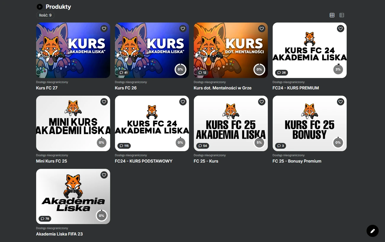 Aktualny panel kursów Akademii Liska: kurs FC 27 i kurs dotyczący mentalności